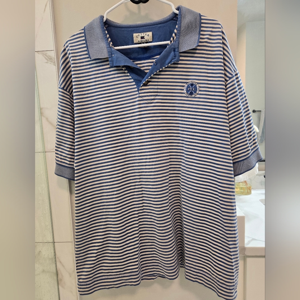 Cutter & Buck Striped Golf Polo Blue Cream 100% Cotton Size XL